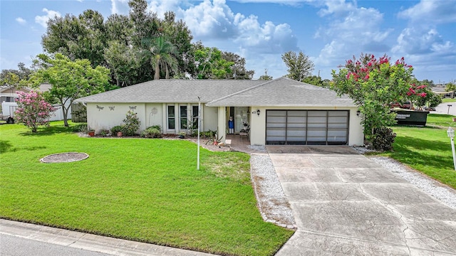 475 Whippoorwill Dr, Venice, FL 34293 - ranch-style home featuring an attached garage, stucco siding, concrete driveway, and a front lawn