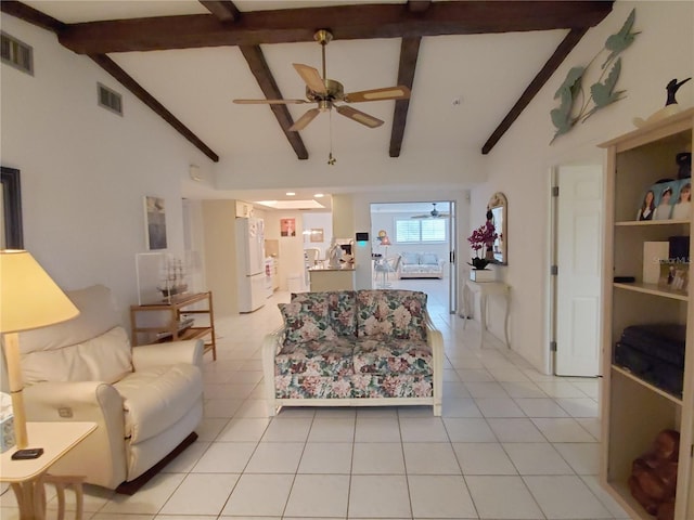 2220 Broad Ranch Dr, Port Charlotte, FL 33948 - living room with a ceiling fan, beam ceiling, light tile patterned floors, and high vaulted ceiling