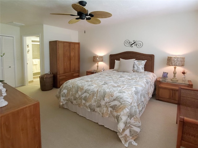 2220 Broad Ranch Dr, Port Charlotte, FL 33948 - bedroom with light carpet, connected bathroom, and ceiling fan
