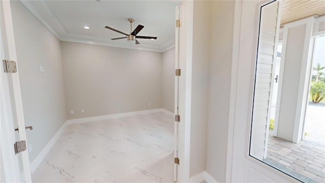 2073 Treasure Ln, Punta Gorda, FL 33982 - empty room with ceiling fan, marble finish floors, crown molding, and recessed lighting