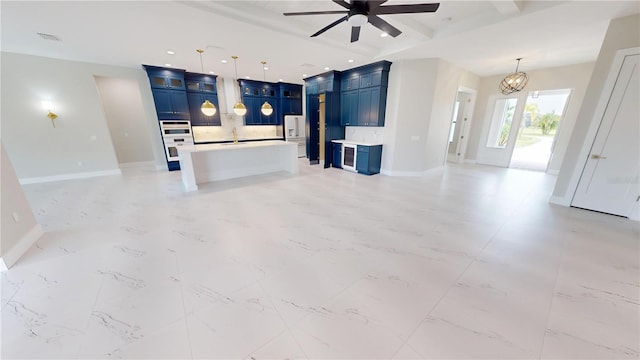 2073 Treasure Ln, Punta Gorda, FL 33982 - unfurnished living room with a ceiling fan, wine cooler, and beamed ceiling