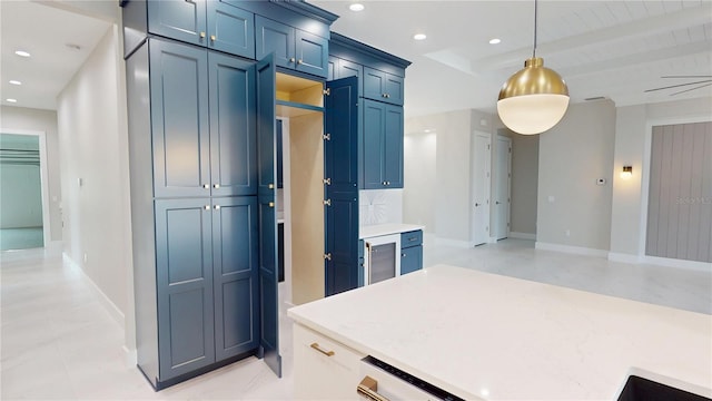 2073 Treasure Ln, Punta Gorda, FL 33982 - kitchen featuring wine cooler, decorative light fixtures, recessed lighting, and beam ceiling