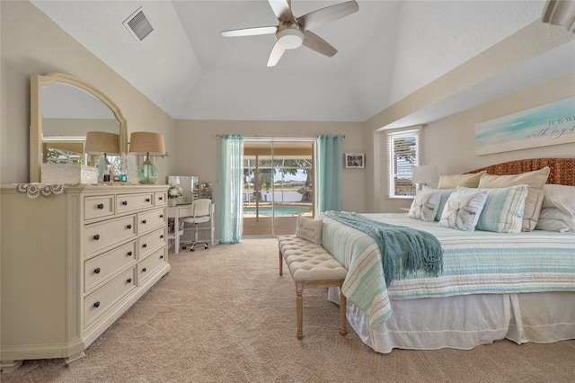 2474 Rio De Janeiro Ave, Punta Gorda, FL 33983 - bedroom featuring access to exterior, light colored carpet, high vaulted ceiling, and a ceiling fan