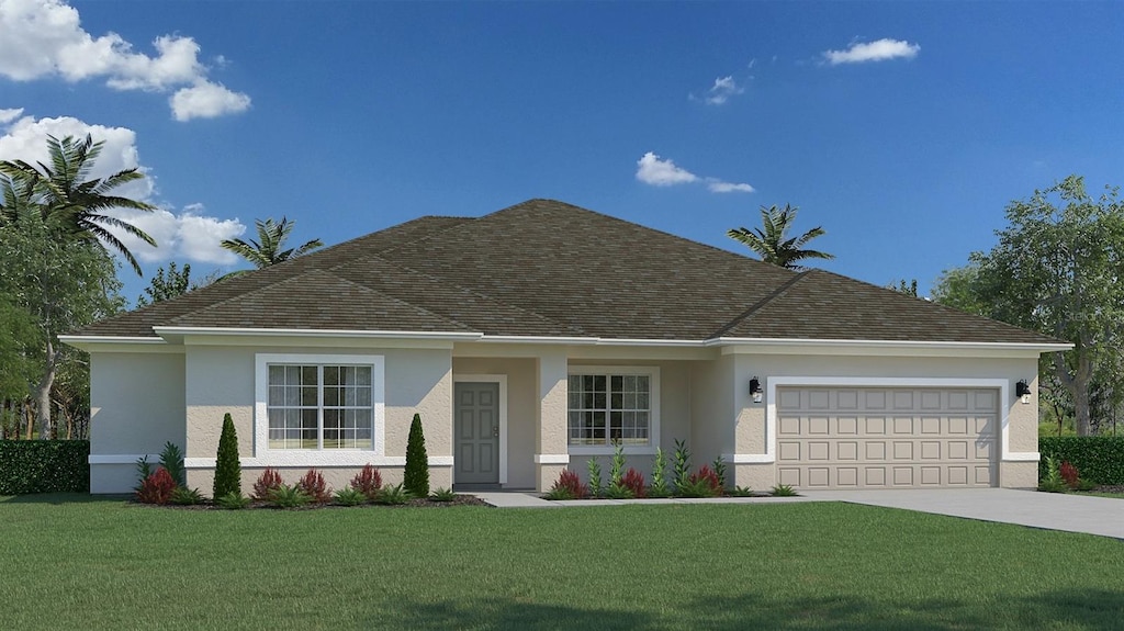 101 Pritchard Dr, Palm Coast, FL 32164 - ranch-style home with concrete driveway, a garage, stucco siding, a front yard, and a shingled roof