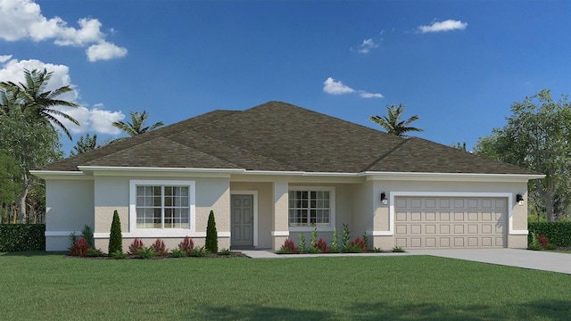 101 Pritchard Dr, Palm Coast, FL 32164 - ranch-style home with concrete driveway, a garage, stucco siding, a front yard, and a shingled roof