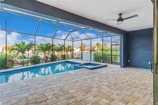 4026 Vasco St, Punta Gorda, FL 33950 - view of pool with a patio, a pool with connected hot tub, glass enclosure, and a ceiling fan