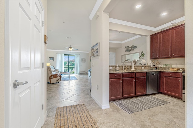 20333 Lagente Cir, Venice, FL 34293 - kitchen featuring dishwasher, crown molding, open floor plan, light stone counters, and ceiling fan