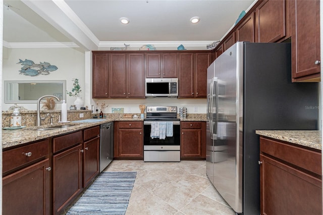 20333 Lagente Cir, Venice, FL 34293 - kitchen featuring stainless steel appliances, ornamental molding, light stone countertops, light tile patterned flooring, and recessed lighting