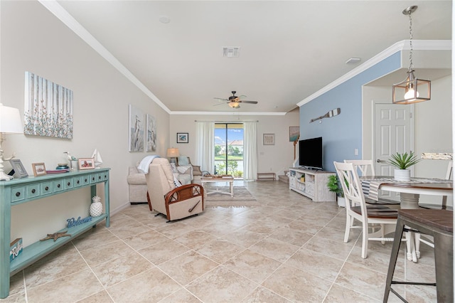 20333 Lagente Cir, Venice, FL 34293 - living area with crown molding, a ceiling fan, and light tile patterned floors
