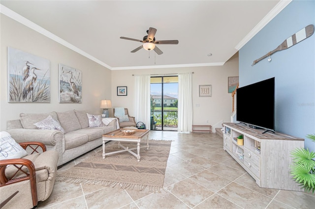 20333 Lagente Cir, Venice, FL 34293 - living area featuring ornamental molding, a ceiling fan, and light tile patterned floors