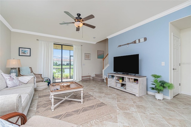 20333 Lagente Cir, Venice, FL 34293 - living room with ornamental molding, stairs, and a ceiling fan
