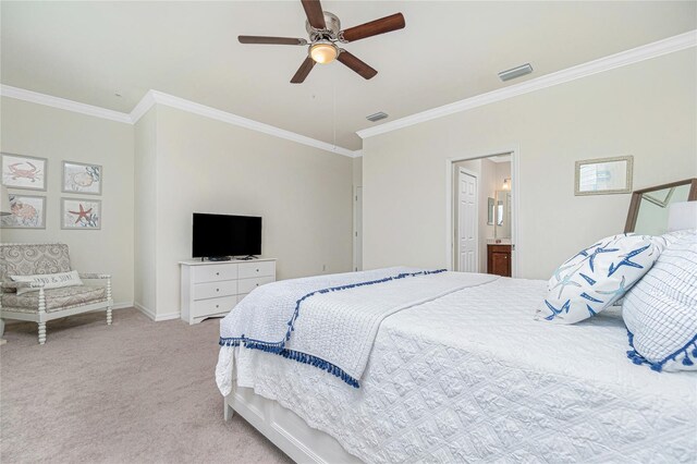 20333 Lagente Cir, Venice, FL 34293 - bedroom with crown molding, light colored carpet, a ceiling fan, and connected bathroom