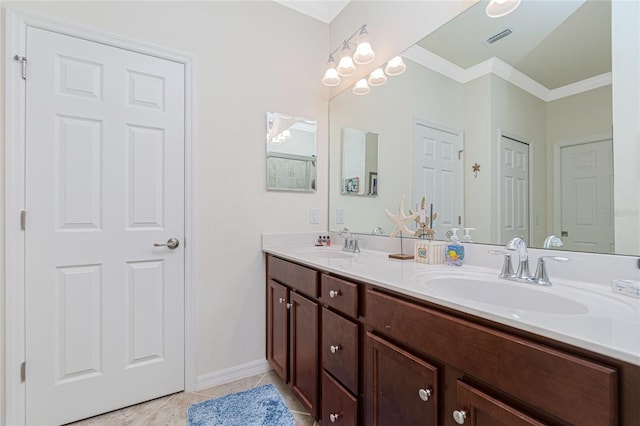 20333 Lagente Cir, Venice, FL 34293 - full bathroom featuring ornamental molding, double vanity, and tile patterned flooring