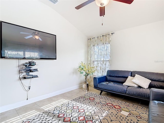 1323 Algiers St, Punta Gorda, FL 33980 - living room featuring a ceiling fan, lofted ceiling, and light tile patterned floors