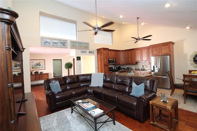 25188 Marion Ave Unit 24, Punta Gorda, FL 33950 - living room with ceiling fan, wood finished floors, recessed lighting, and high vaulted ceiling