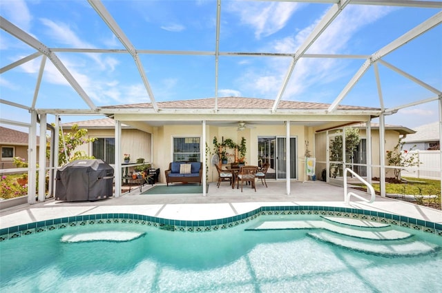 860 Silver Springs Ter NW, Port Charlotte, FL 33948 - outdoor pool featuring area for grilling, a patio, an outdoor hangout area, and ceiling fan