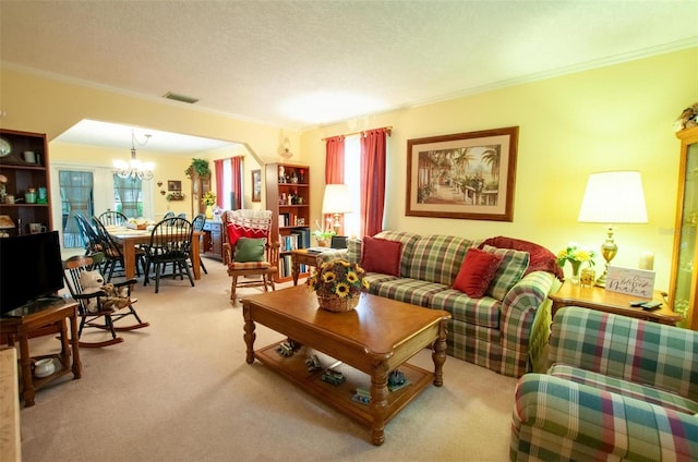 3990 NE Ashley Ter, Arcadia, FL 34266 - living room featuring healthy amount of natural light, carpet floors, crown molding, a chandelier, and a textured ceiling