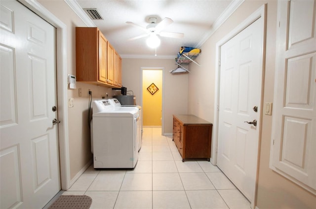 3990 NE Ashley Ter, Arcadia, FL 34266 - washroom featuring separate washer and dryer, ceiling fan, crown molding, cabinet space, and light tile patterned floors