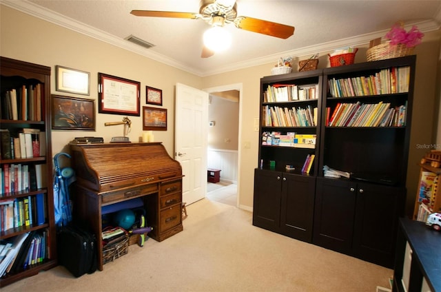 3990 NE Ashley Ter, Arcadia, FL 34266 - office featuring a ceiling fan, crown molding, carpet flooring, and a wainscoted wall