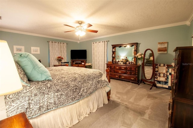3990 NE Ashley Ter, Arcadia, FL 34266 - bedroom featuring light colored carpet, ornamental molding, ceiling fan, and a textured ceiling