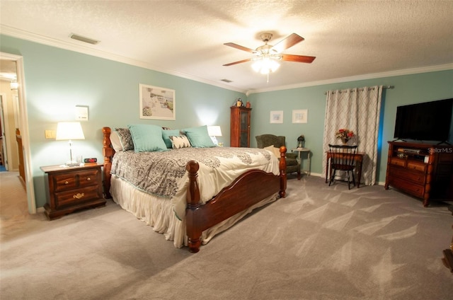 3990 NE Ashley Ter, Arcadia, FL 34266 - bedroom featuring light carpet, crown molding, ceiling fan, and a textured ceiling