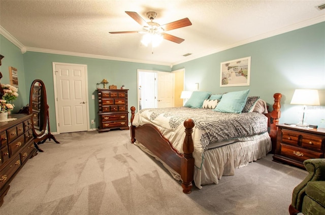 3990 NE Ashley Ter, Arcadia, FL 34266 - bedroom featuring carpet, crown molding, a ceiling fan, and a textured ceiling