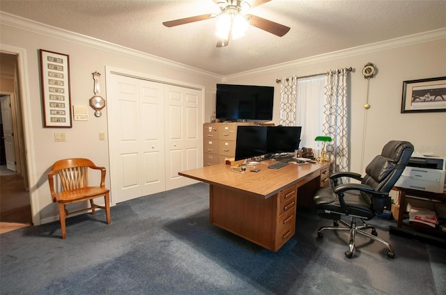 3990 NE Ashley Ter, Arcadia, FL 34266 - home office with crown molding, a textured ceiling, ceiling fan, and dark carpet