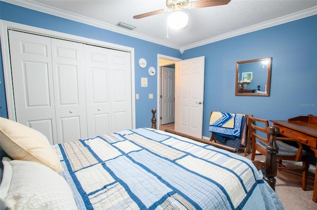 3990 NE Ashley Ter, Arcadia, FL 34266 - bedroom featuring a closet, ornamental molding, ceiling fan, and carpet flooring