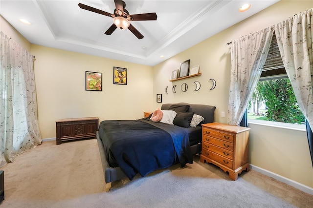 2697 Parrot St, North Port, FL 34286 - bedroom with carpet, a tray ceiling, a ceiling fan, recessed lighting, and ornamental molding