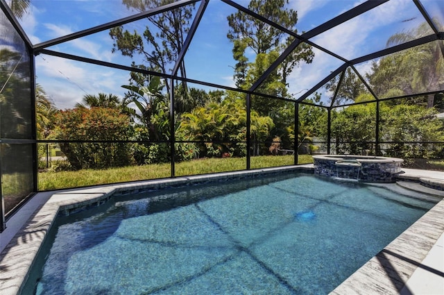 1445 Gauguin Rd, North Port, FL 34288 - view of swimming pool featuring a pool with connected hot tub and glass enclosure