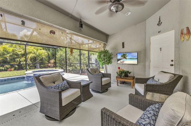 1445 Gauguin Rd, North Port, FL 34288 - view of patio / terrace featuring an outdoor living space, a ceiling fan, glass enclosure, and a pool with connected hot tub