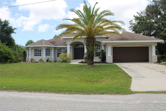 8039 Agate St, Port Charlotte, FL 33981 - ranch-style house with concrete driveway, an attached garage, stucco siding, a front yard, and roof with shingles