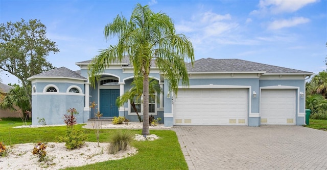 2453 Harbour Dr, Punta Gorda, FL 33983 - view of front facade with decorative driveway, stucco siding, a garage, and a front lawn