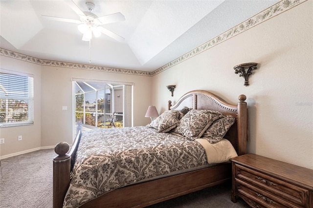 574 Macedonia Dr, Punta Gorda, FL 33950 - carpeted bedroom with access to outside, vaulted ceiling, and a ceiling fan