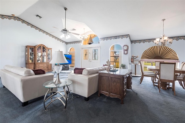 574 Macedonia Dr, Punta Gorda, FL 33950 - living area featuring a chandelier, dark carpet, lofted ceiling, and ceiling fan