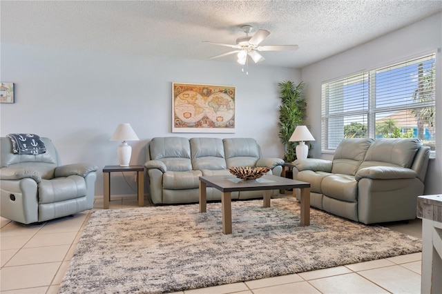 17103 Horizon Ln, Port Charlotte, FL 33948 - living area with a ceiling fan, light tile patterned floors, and a textured ceiling
