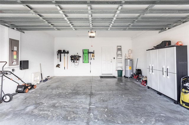8516 Cache Dr, Sarasota, FL 34240 - garage with water heater, electric panel, and a garage door opener