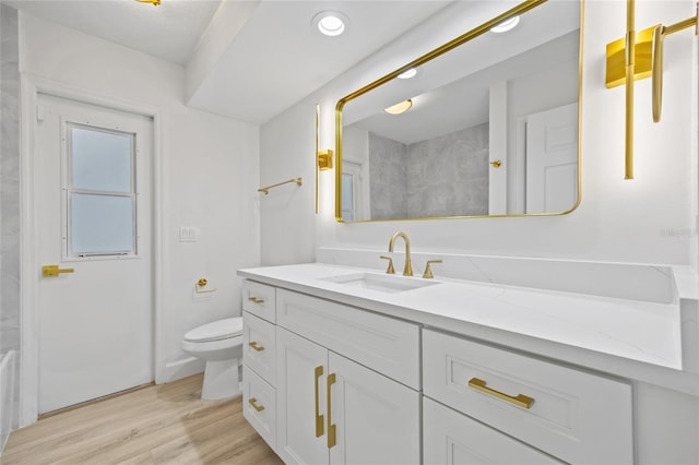 25451 Kowloon Ln, Punta Gorda, FL 33983 - bathroom with vanity, wood finished floors, a shower, and recessed lighting