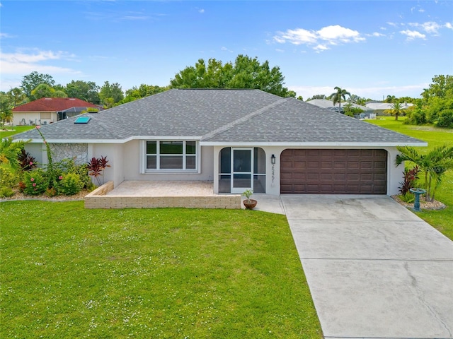 25451 Kowloon Ln, Punta Gorda, FL 33983 - ranch-style home featuring roof with shingles, a garage, stucco siding, and a front lawn