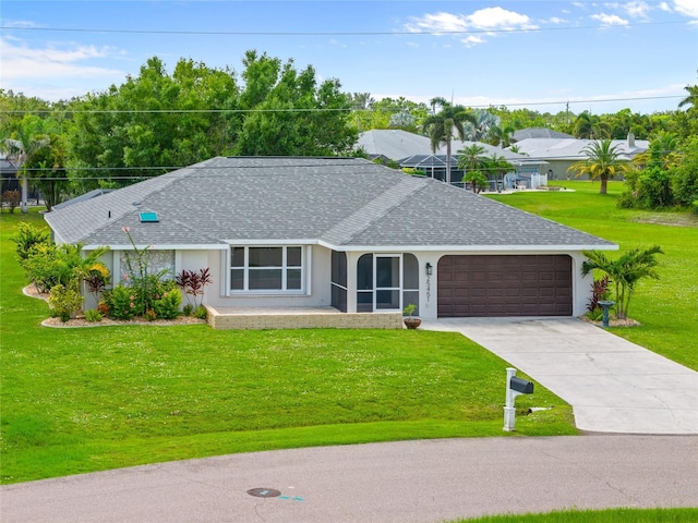 25451 Kowloon Ln, Punta Gorda, FL 33983 - ranch-style home featuring a shingled roof, an attached garage, concrete driveway, and a front yard