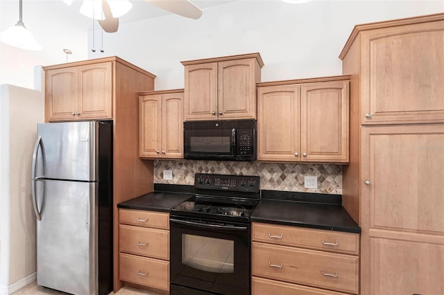 27102 Harbour Oaks Blvd, Punta Gorda, FL 33983 - kitchen with black appliances, dark countertops, backsplash, ceiling fan, and light brown cabinetry