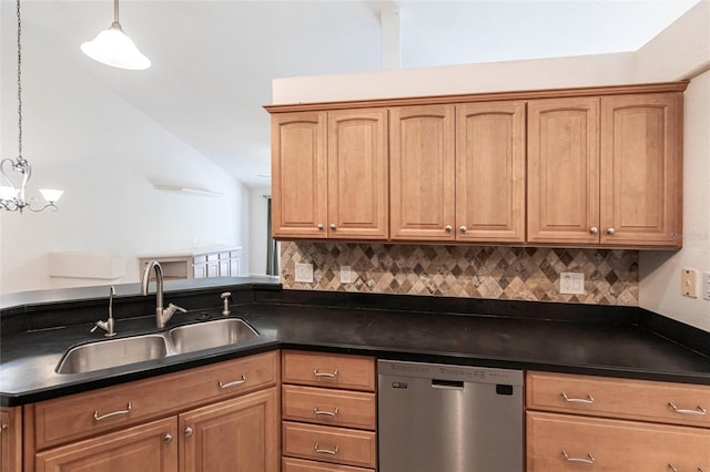 27102 Harbour Oaks Blvd, Punta Gorda, FL 33983 - kitchen with stainless steel dishwasher, backsplash, dark countertops, vaulted ceiling, and decorative light fixtures