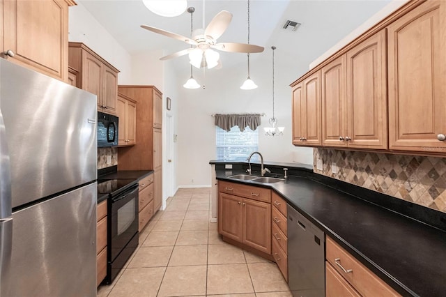 27102 Harbour Oaks Blvd, Punta Gorda, FL 33983 - kitchen featuring black appliances, a ceiling fan, backsplash, dark countertops, and light tile patterned floors