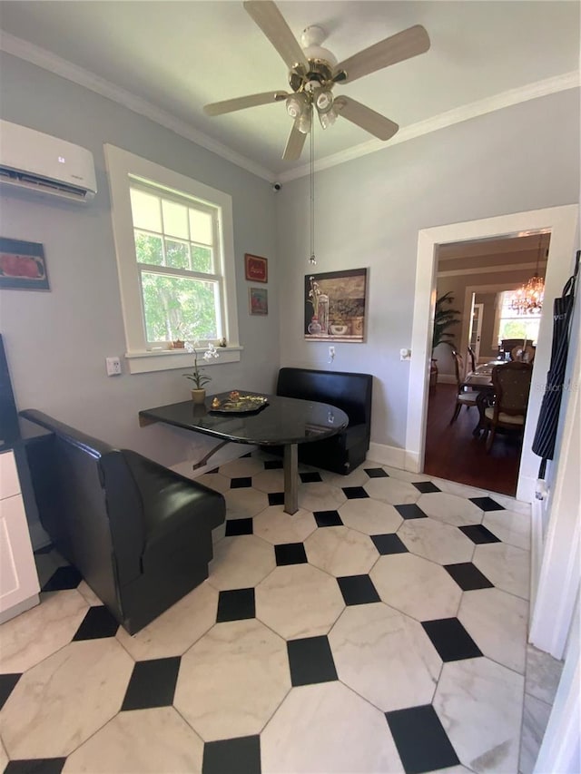 606 E Oak St, Arcadia, FL 34266 - dining space featuring a wall mounted air conditioner, healthy amount of natural light, ornamental molding, a ceiling fan, and a chandelier