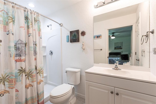 1710 Blackwood Cir, North Port, FL 34288 - full bathroom with vanity, ceiling fan, a shower with curtain, a textured wall, and tile patterned floors