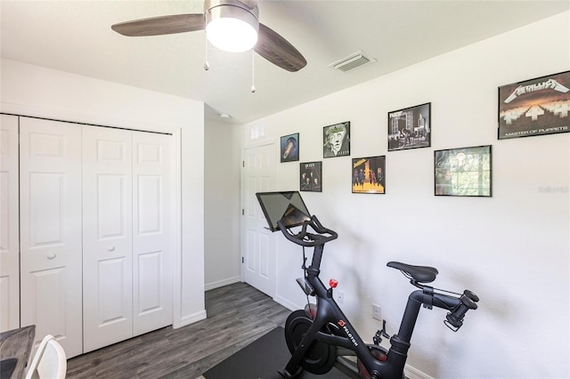 1710 Blackwood Cir, North Port, FL 34288 - exercise area with dark wood-style floors and ceiling fan
