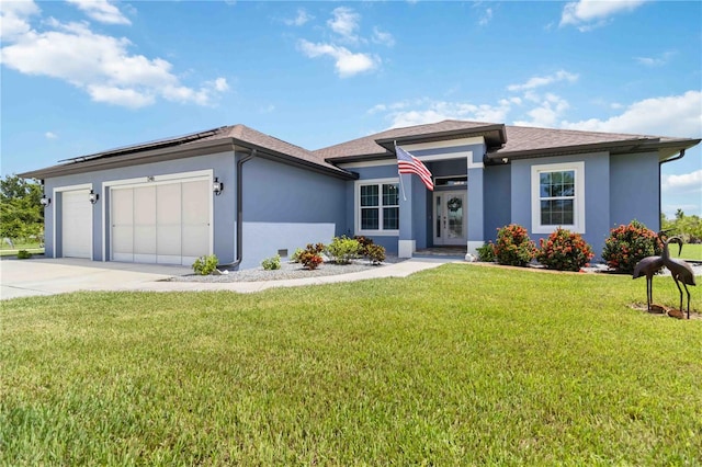 13416 Trascoro Ln, Port Charlotte, FL 33981 - view of front of home with stucco siding, a garage, driveway, a front yard, and roof with shingles