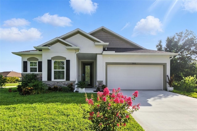 2456 Nabble Ln, North Port, FL 34288 - view of front facade with stucco siding, concrete driveway, a garage, and a front lawn