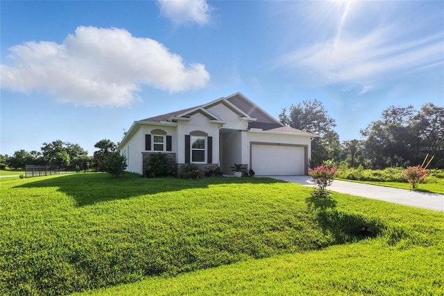 2456 Nabble Ln, North Port, FL 34288 - ranch-style house with stucco siding, concrete driveway, a front yard, and an attached garage