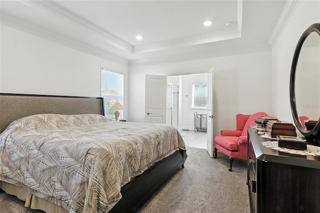2456 Nabble Ln, North Port, FL 34288 - bedroom with light carpet, crown molding, a tray ceiling, and recessed lighting